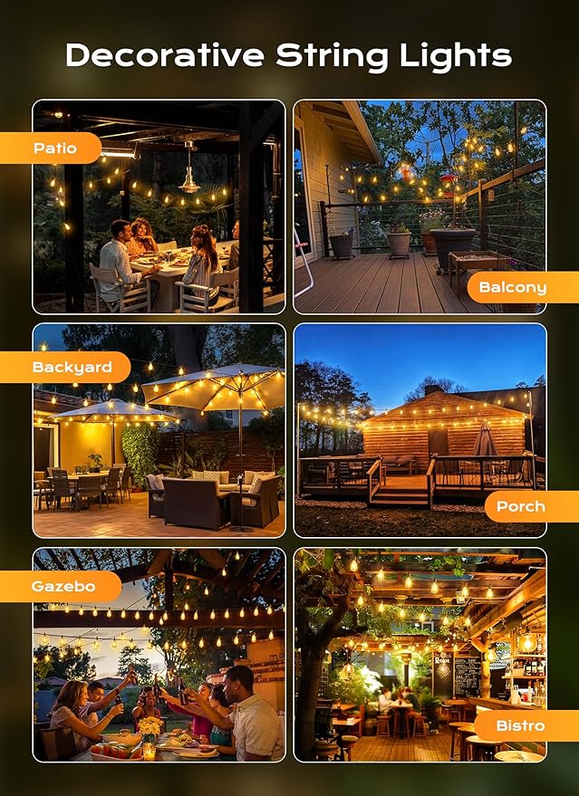Brightown Outdoor String Lights, 30FT 11+1 LED ST38 LED Patio Lights Shatterproof, Dimmable IP65 Waterproof Connectable Hanging Outdoor Light for Backyard, Porch, Deck, Balcony