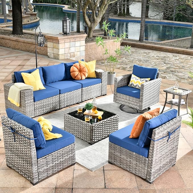 HOOOWOOO Outdoor Patio Sectional Furniture Sofa Set with Swivel Rocking Chair,8 Piece Modern Wicker Couch with Widened Armrest,Modular Conversation Seating Set for Garden(Navy Blue)