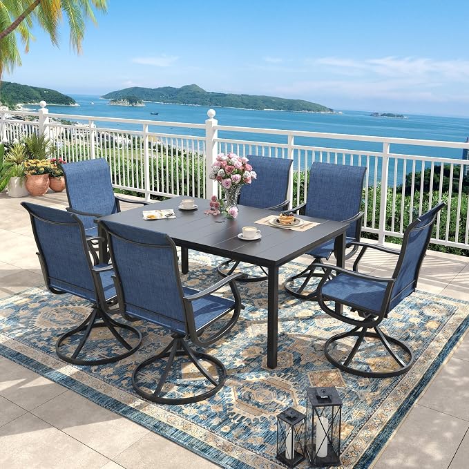 Outdoor Dining Set for 6, 63" Metal Outdoor Dining Table with Umbrella Hole and Sling Patio Swivel Chairs, 7 Pieces Patio Table and Chairs Set for Garden Backyard, Dark Blue and Black