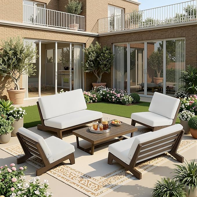 UIXE 5 Pieces Wood Patio Furniture Sets, 2 Patio Loveseat, 2 Patio Bistro Chair, All Weather Outdoor Sectional Sofa Furniture Backyard Conversation Set with Coffee Table - Beige