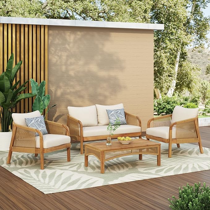 Merax 4-Piece Outdoor Acacia Wood Wicker Patio Conversation Set with Loveseat,2 Chairs and Coffetable,Faux Rattan Accents