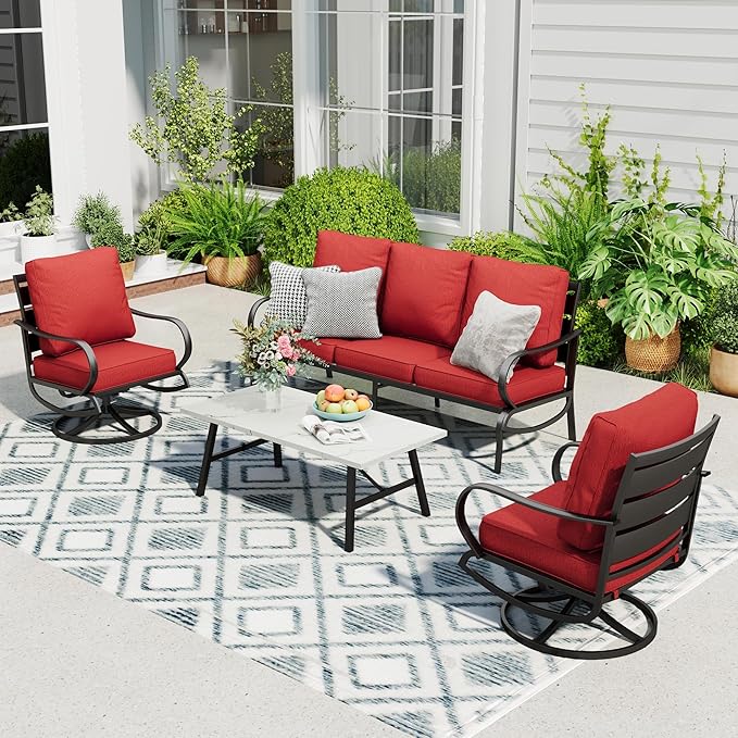Sophia & William Patio Furniture Sets 5 Seats Outdoor Metal Conversation Sets 4 Pcs with 2 x Cushioned Swivel Sofa Chairs,1 x 3-Seat Sofa, 1x Marbling Metal Coffee Table Lawn Backyard Poolside Red
