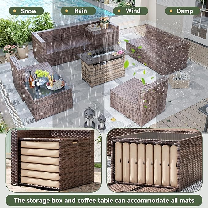 Aoxun 9 Piece Patio Furniture Set with 44” Fire Pit Table, Wicker Outdoor Furniture Set with Storage Box, Patio Sectional Set with Cushions and Waterproof Cover (Brown & Khaki)