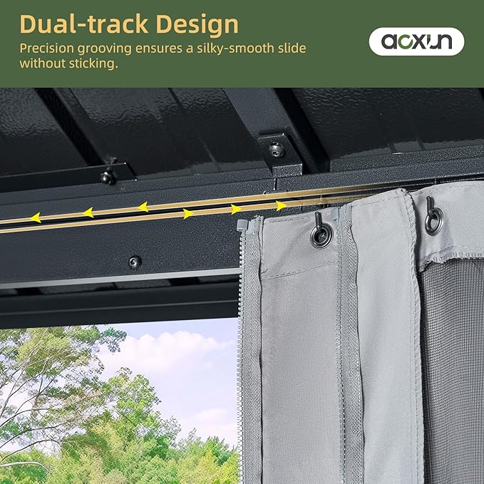 Aoxun 10’x14’ Hardtop Gazebo, Permanent Metal Pavilion with Galvanized Steel Double Roof, Outdoor Pergola with Nettings and Curtains for Lawn, Garden, Patio (Gray)