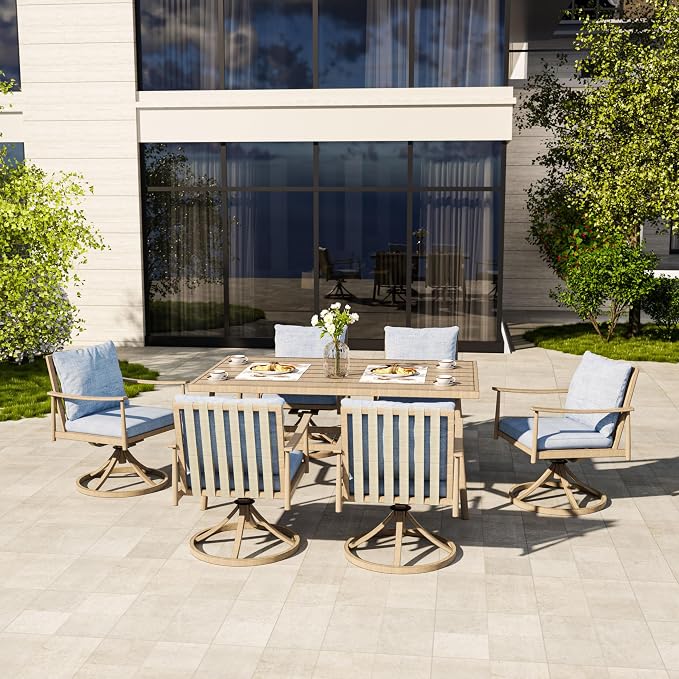 HAPPATIO 7-Piece Outdoor Dining Set for 6, Aluminum Patio Dining Set Includes 6 Swivel Dining Chairs and 1 Large Rectangular Table with Umbrella Hole, Patio Furniture Set for Lawn, Porch, Brown
