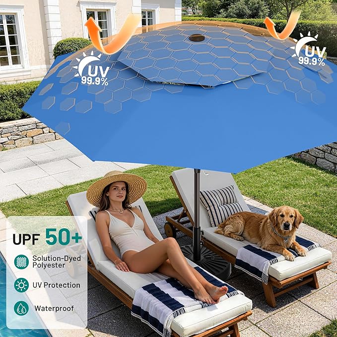 AreShark 12ft 2 Tiers Patio Umbrella - Outdoor Umbrella Waterproof UV Protection, Market Table Umbrella w/ 8 Sturdy Ribs&Crank for Pool, Porch, Garden(Royal Blue)