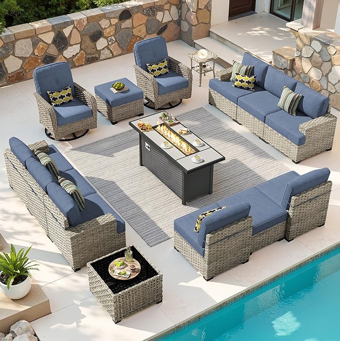 15-Piece Outdoor Sectional Sofa Set w/ 54" Fire Pit – L-Shaped Wicker Patio Furniture, Deep Seating & Swivel Rockers, Light Blue