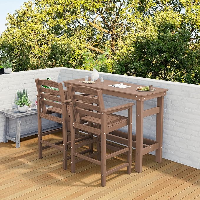 SERWALL Outdoor Bar Set with 9ft Umbrella, All-Weather HDPE Patio Bar Chairs and Table, Outdoor Furniture Set, Brown (Umbreall Base not Included)