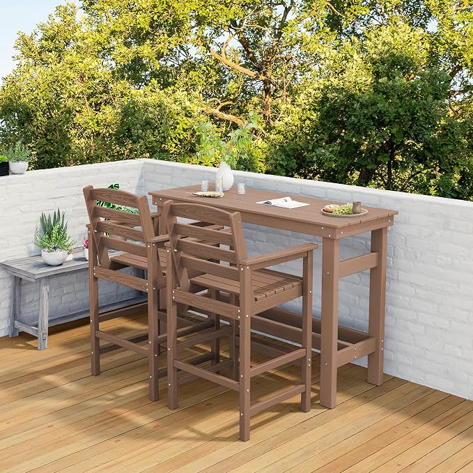 SERWALL Outdoor Bar Set - 2 Adirondack Bar Chairs & Bar Height Table with 1.6" Umbrella Hole, All-Weather HDPE Patio Furniture for Poolside, Backyard, Garden - Brown
