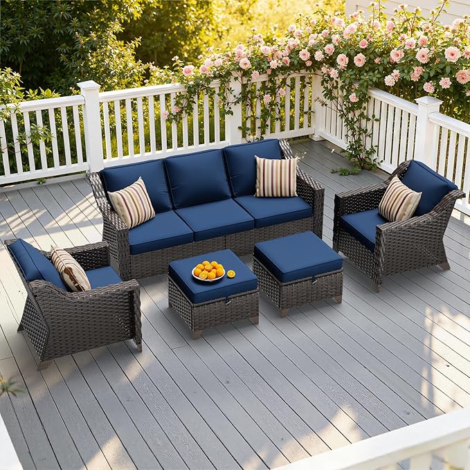 5 Pieces Patio Conversation Furniture Set - 1 Sofa, 2 Armchairs, 2 Ottomans, Outdoor Wicker Furniture with Removable Cushions for Porch, Balcony, Sunroom (Blue)