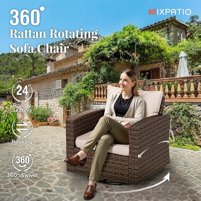 4 Pieces Swivel Wicker Patio Furniture Set, Rattan Outdoor Conversation Set with 2 Pieces Swivel Glider Chairs, 2 Pieces Ottomans, Beige