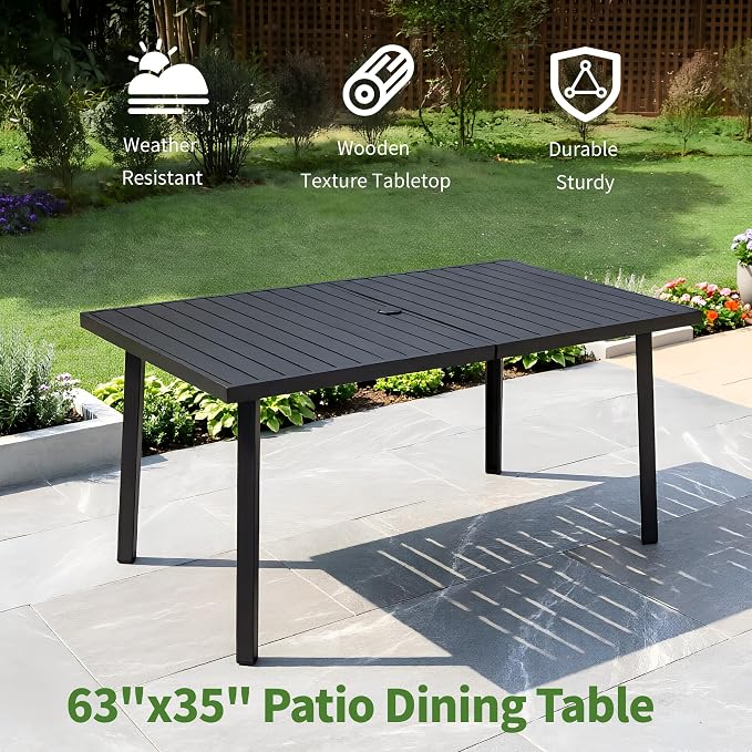 63"x35" Never-Rust Aluminum Outdoor Dining Table – Rectangular Patio Table for 6 with Umbrella Hole, Heavy Duty All-Weather for Poolside, Garden, Backyard, Porch, Deck, Black