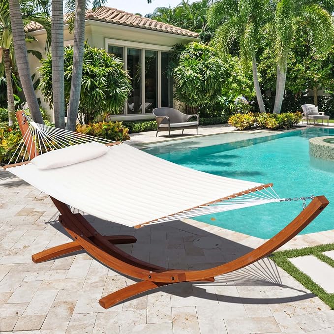 Lazy Daze Hammocks 12 FT Sunbrella Fabric Quilted Hammock Double Sunbrella Quilted Hammock with Spreader Bars & Pillow, All Weather and Fade Resistant for Outdoor, 450 lbs Capacity, Cast Pumice