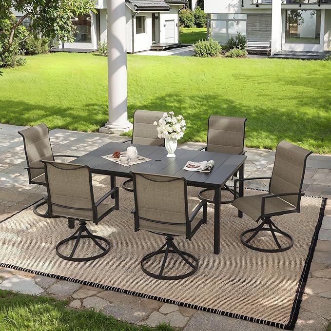 VICLLAX 7 Pieces Outdoor Dining Set, Patio Furniture Set Includes 63" Rectangular Metal Table W/ 1.9" Umbrella Hole and 6 Padded Textilene Swivel Chairs for Porch, Lawn, Garden, Backyard