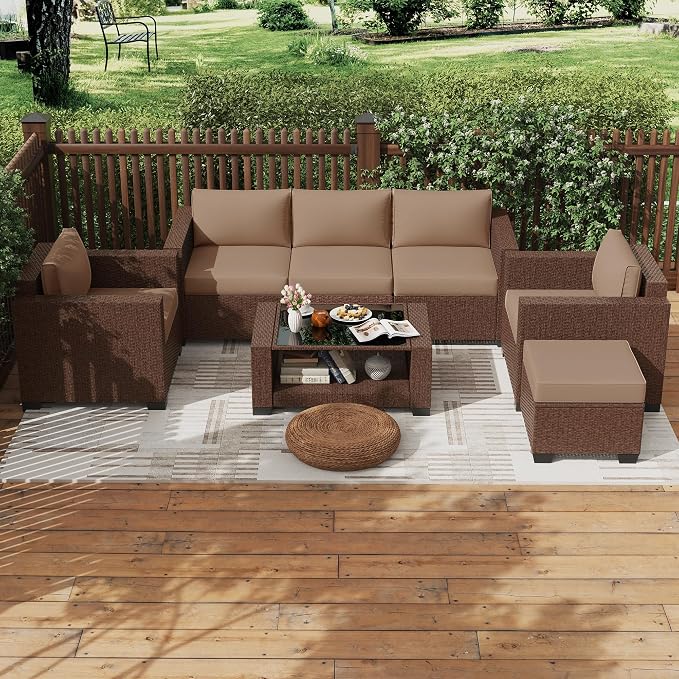 KIGOTY Patio Furniture Set 7 PCS Patio Conversation Sets, All-Weather PE Rattan Outdoor Sectional Sofa with Cushion and 2- Tier Glass Coffee Table（Brown/Camel）