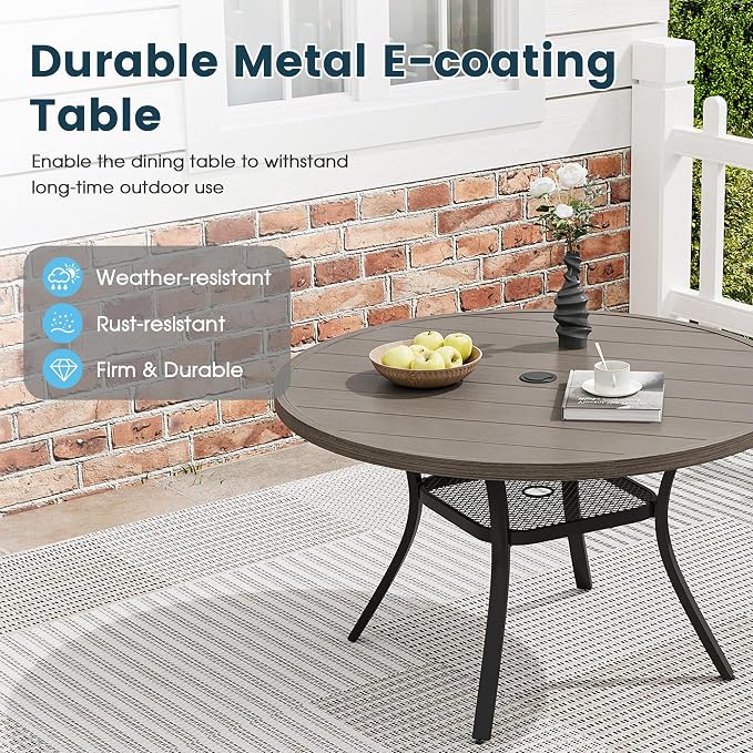 5 Pieces Patio Dining Set, 41" Round Dining Table with Umbrella Hole, 4 Stackable Textilene Fabric Chairs, Metal Structure for Patio, Porch, Garden(Grey Table, Grey Chair)