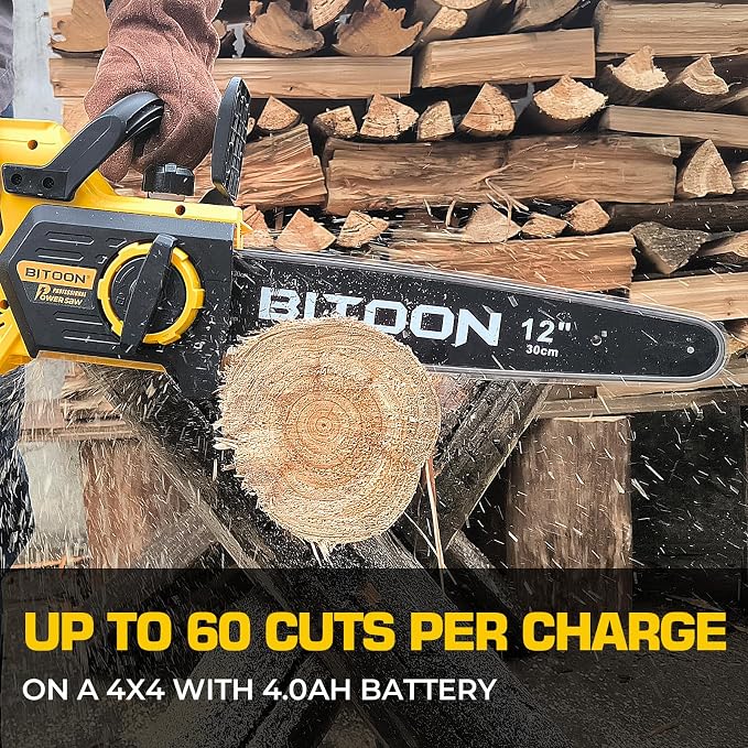 BITOON 12-Inch Chainsaw with 2PCS 4.0Ah Battery and Charger, Auto-Oiler, Brushless Cordless 12" Compact Chain Saw, Portable Electric Chainsaws for Cutting Wood, Branches Yellow