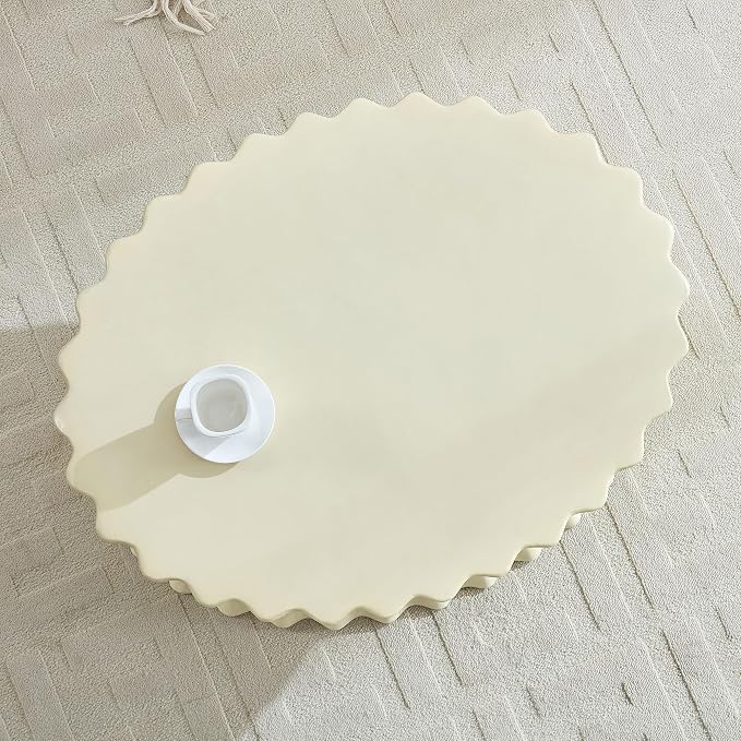 35'' Oval Coffee Table Faux Stone Coffee Table for Living Room Modern Faux Marble Coffee Tables for Indoor Outdoor Unique Center Tables No Assembly, Beige