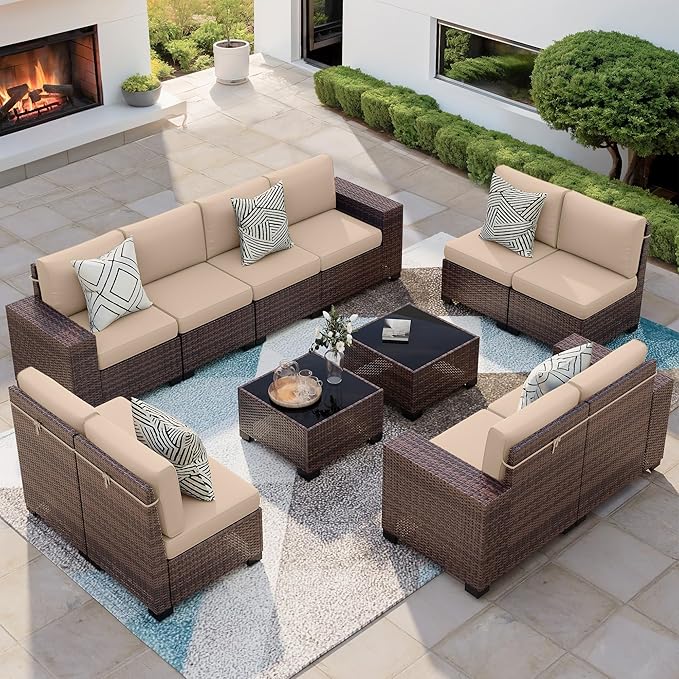 Patio Furniture Set, 12 Pieces Outdoor Sectional Sofa Conversation Sets with Waterproof Cover Modern Wicker Seating Set, 4'' Thickened Cushions & 2 Glass Coffee Table, Beige