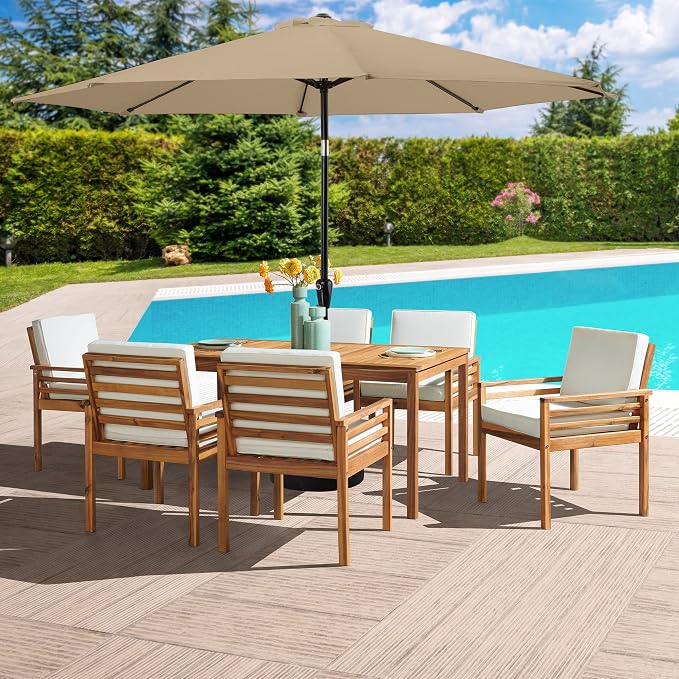 Alaterre Furniture Okemo 8 Piece Outdoor Dining Set with Umbrella - Solid Acacia Wood Outdoor Furniture Set with 63” Patio Table, 6 Patio Chairs, and 10ft Sand Umbrella