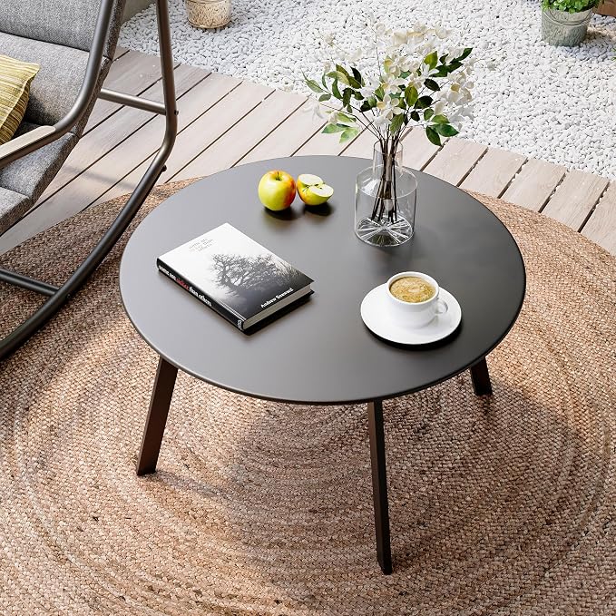 LAUSAINT HOME Patio Round Coffee Table, 27.6” Weather Resistant Outdoor Metal Patio Side End Table with Square Feet for Outside Deck, Porch, Garden, Black