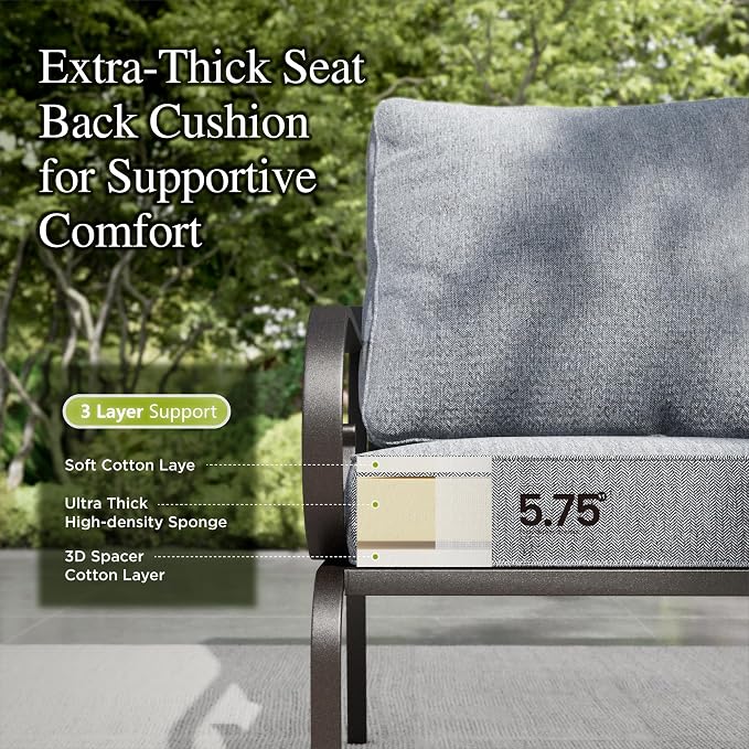 Sophia & William Patio Conversation Set for 7, 3-Seater Sofa, 2 Fixed Chairs, 2 Rocking Chairs and a 45" Fire Pit Table, Metal Outdoor Furniture with 5.75" Extra Thick Cushions, Grey