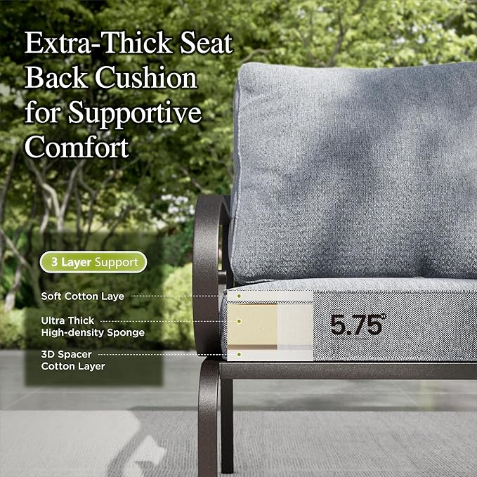 Sophia & William Patio Conversation Set for 5, 3-Seater Sofa, 2 Fixed Chairs and a 45" Fire Pit Table, Metal Outdoor Furniture with 5.75" Extra Thick Cushions, Grey