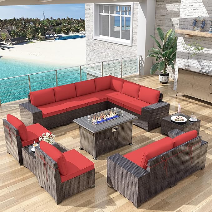 Patio Furniture Sectional Sofa Set 13PCS PE Rattan Patio Conversation Set w/43in Gas Fire Pit Table, Outdoor Furniture with 55000 BTU Propane Fire Pit, Red