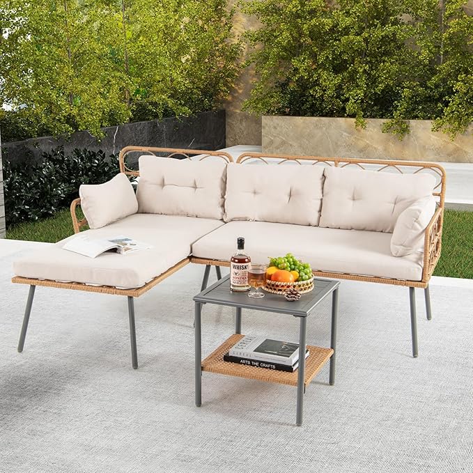 Tangkula 3 Pieces Corner Patio Furniture Set, PE Rattan L-Shaped Cushioned Sofa Set with Small Coffee Table, Outdoor Conversation Set for Garden, Backyard, Lawn, Porch (Off White)