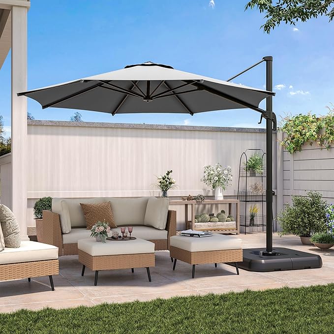 LAUSAINT HOME Patio Umbrella Outdoor,10 Feet Cantilever Umbrella Aluminum Offset Umbrella with 360-degree Rotation for Backyard, Pool, Lawn, Deck (Round, Gray)