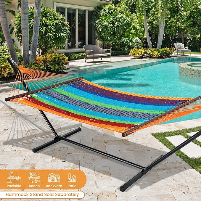Lazy Daze Hammocks 13 FT Extra Large 2+ Person Caribbean Rope Hammock, Hand Woven Polyester XL Hammock with Spreader Bars, for Outside Outdoor Backyard Patio Poolside, 500 LBS Capacity, Multicolor