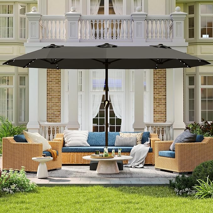 Large Patio Umbrella with Solar Lights and Base, Double-Sided Outdoor Rectangle Umbrella with 48 LED Lights, Market Table Umbrellas with UV Resistant Canopy