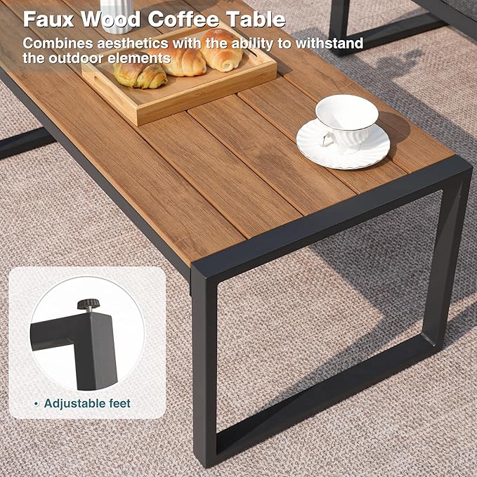 Patio Furniture Set, 4 Pieces Outdoor Patio Furniture with Coffee Table Set, Metal Patio Conversation Sets with Washable and High-Resiliency Sponge Cushions, Upgarded Light Grey
