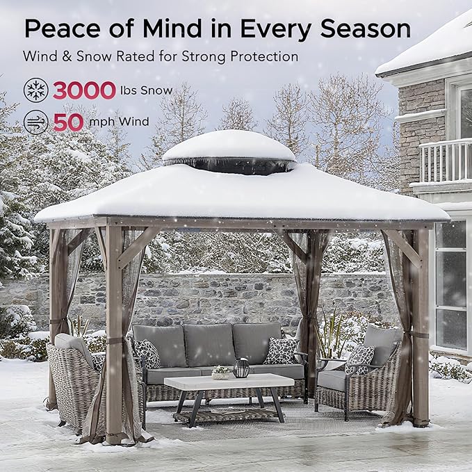 SUNJOY 10x12 Hardtop Wood Gazebo with Galvanized Steel Roof, LED String Lights & Mosquito Netting, Outdoor Permanent Pavilion Cedar Gazebo for Backyard, Garden, Patio, Deck, Lawn