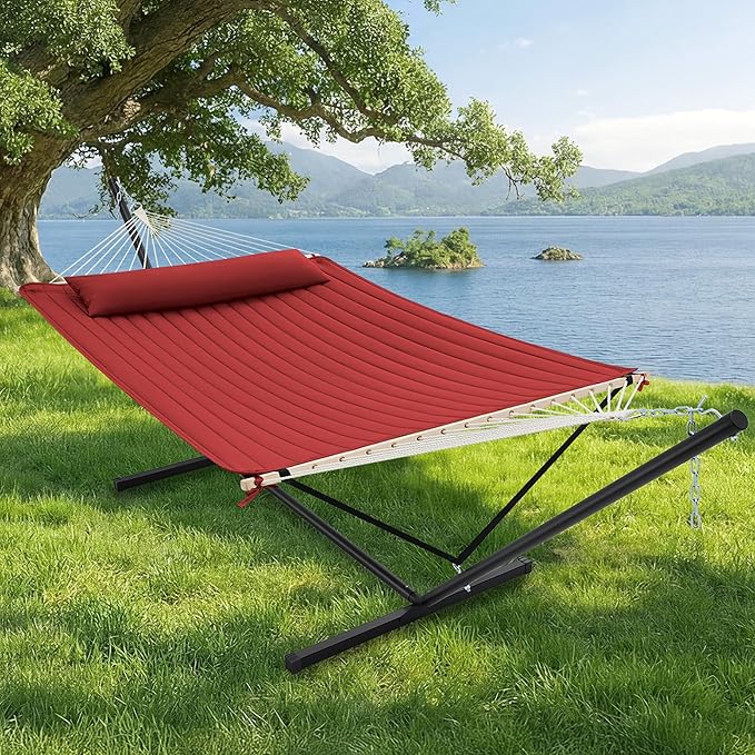 SUPERJARE 12ft Double Hammock with Stand, Rope Hammock for 2 Person, Detachable Hammock Bed and Pillow, Portable, Anti-Tip Safety Ropes, Carry Bag, Outdoor Backyard Patio Camping, Burgundy