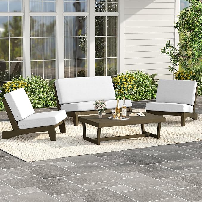 UIXE Wood Patio Furniture Sets, 4 Pieces All Weather Outdoor Sectional Futniture Patio Sofa Chair Backyard Conversation Set with Solid Wooden Coffee Table - Beige