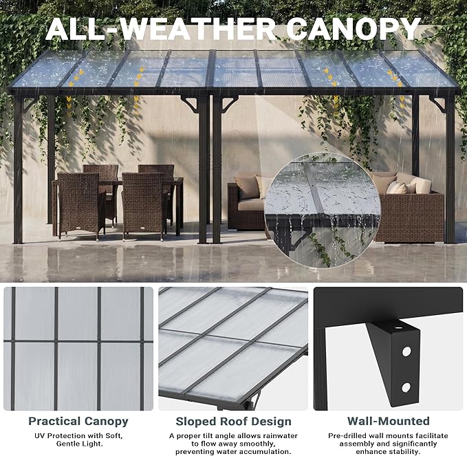 AirWire 10x18 FT Gazebo, Pergola Awnings for Patio with Hardtop Gazebos on Clearance, Patio Covers for Shade and Rain, Lean to Gazebo Sunroom Patio Canopy Outdoor Pergolas for Patios, Decks, Backyard