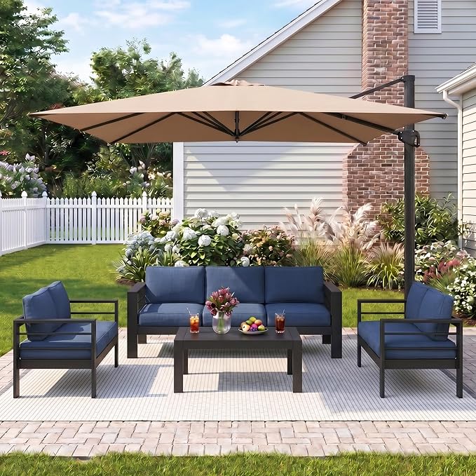 Wisteria Lane 5 Pieces Aluminum Patio Furniture Set with Umbrella, All Weather Oversized Outdoor Furniture Set with Deep Seat and Back Cushion, Patio Conversation Sets with Wide armrest, Blue & Kahki