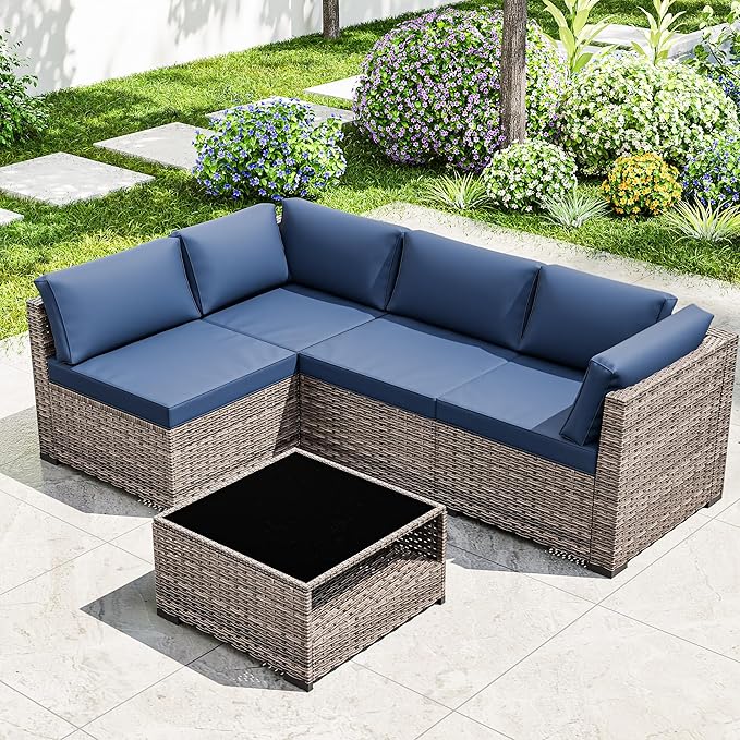 Joyside 5-Piece Patio Furniture Set, Rattan Outdoor Sectional Wicker Patio Conversation Set with Cushions and Coffee Table
