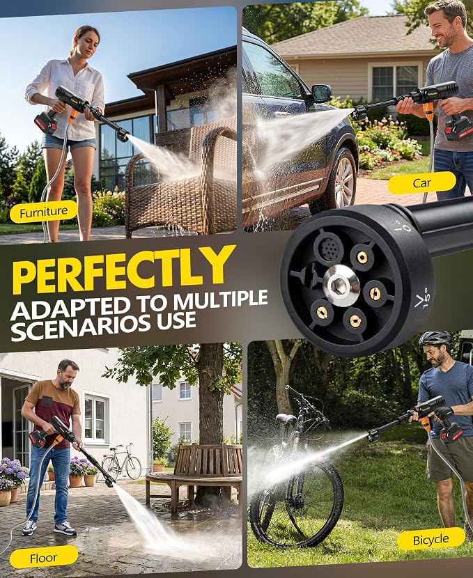 PoolLeader Cordless Car Cleaning Tool, Lightweight Portable Car Cleaner with 6-in-1 Nozzle & Foam Cannon, Battery Operated Cordless Car Wash Spray, Handheld Wash Machine for Car, Patio, Home - Yellow