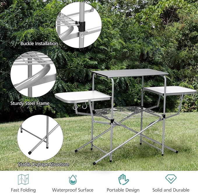 Goplus Folding Grill Table, Aluminum Camping Table with 26'' Main Tabletop, Hooks and Carry Bag, Portable Picnic Table Grill Stand for Outdoor Tailgating BBQ Beach Backyard RV