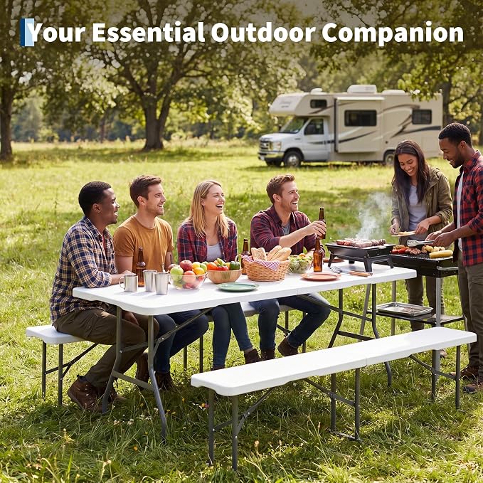 Garvee 6FT Portable Folding Table, HDPE Plastic Foldable Table with Carry Handle for Camping, Parties, Picnic & Events Indoor Outdoor，White