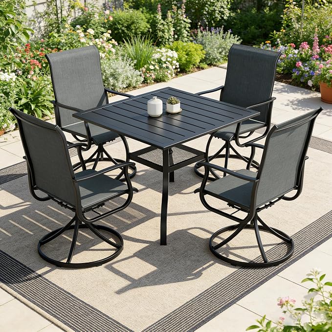 SUNCROWN 5-Piece Outdoor Patio Dining Set, All Weather Square Metal Table & 4 Dark Gray Swivel Textilene Mesh Chairs, Weather Resistant Patio Furniture for Deck Lawn Garden Backyard Poolside