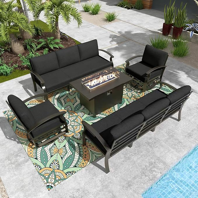 Gotland Aluminum Patio Furniture Set with Fire Pit Table, Metal Patio Furniture with 2 Swivel Rocking Chairs Waterproof 5.1'' Seat Cushions, Oversized Outdoor Sectional for Garden Balcony Porch Black