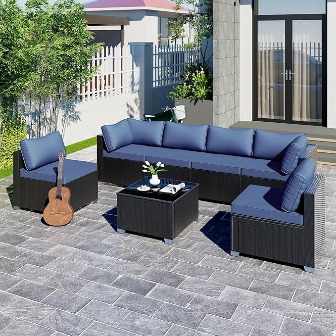 7-Piece Outdoor Patio Sectional Sofa Set – PE Wicker Rattan Conversation Furniture with Coffee Table, Cushions & Clips, Modular Patio Couch for Porch, Poolside, Backyard, Garden – Black Rattan