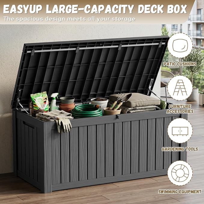 EasyUp 150 Gallon Deck Box Large Deck Box for Indoor and Outdoor,Waterproof Storage Boxs for Patio Furniture,Garden Tools,Cushions, Lockable and UV Resistant,Easy to Install(Black)