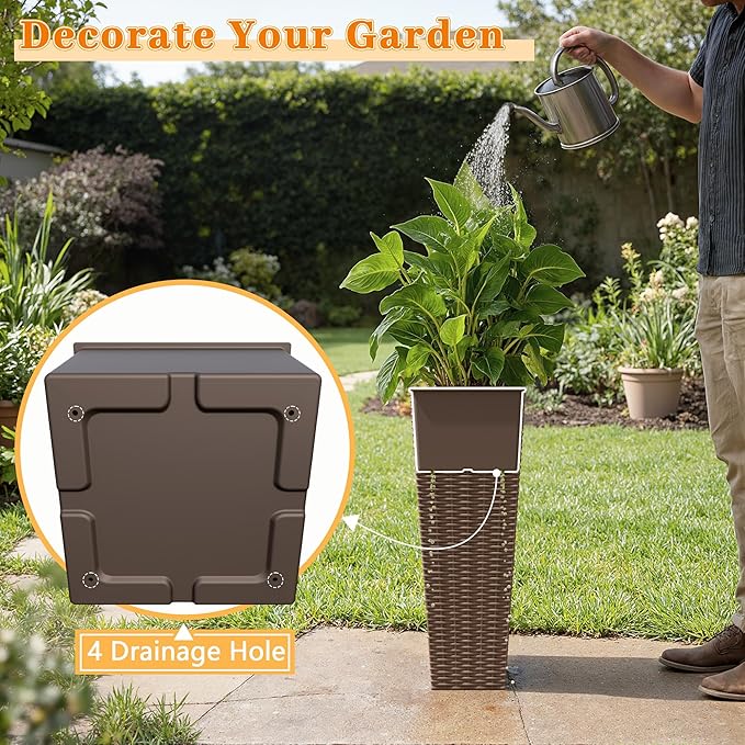 Greesum 24 Inch Tall Plastic Planters with Rattan Texture – Set of 2, Detachable Inner Pot & Drainage Holes, Indoor/Outdoor Decorative Flower Pots for Large Plants, Trees, Patio, and Garden, Brown