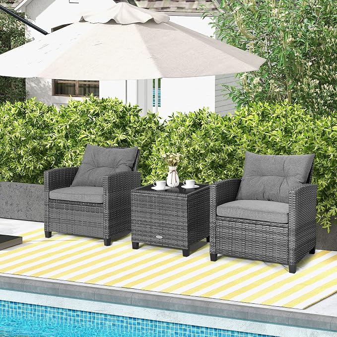 Patio Furniture Set, 3 Pcs Outdoor Wicker Conversation Set with Glass Coffee Table, Patio Chairs w/Washable Cushions, PE Rattan Outdoor Furniture Set for Porch Garden Backyard (Grey)