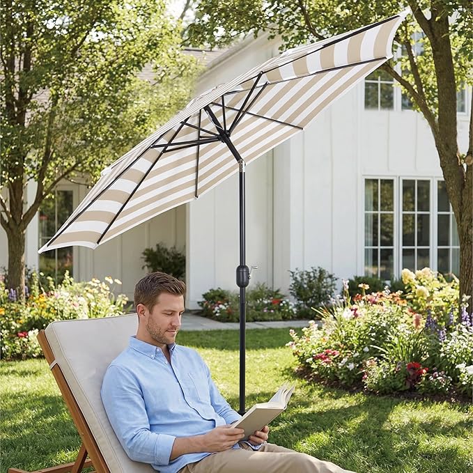 9FT Outdoor Patio Umbrella with Push Button Tilt and Crank, Market Umbrella, 8 Heavy-Duty Ribs, Outdoor Table Umbrella for Garden, Deck, Poolside & Backyard