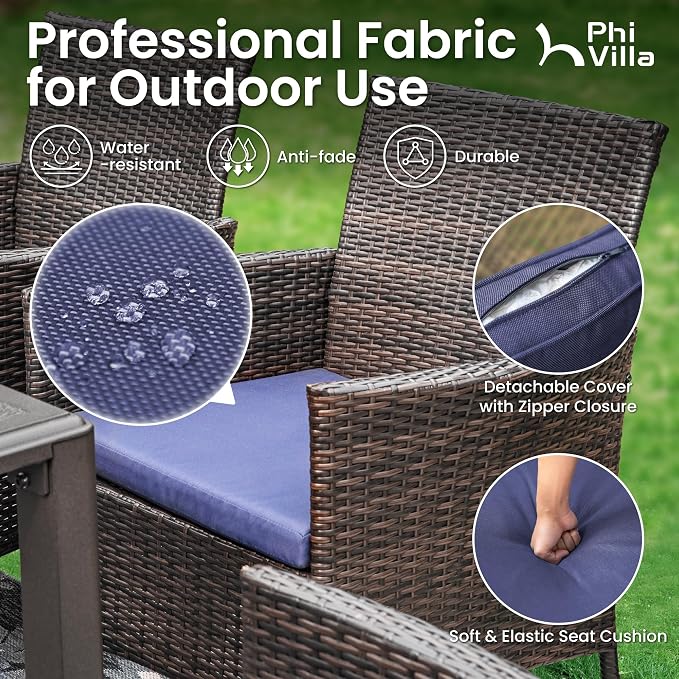 PHI VILLA 9-Piece Cast Aluminum Outdoor Dining Set for 8, Square Metal Dining Table with Umbrella Hole & Cushioned Wicker Rattan Chairs